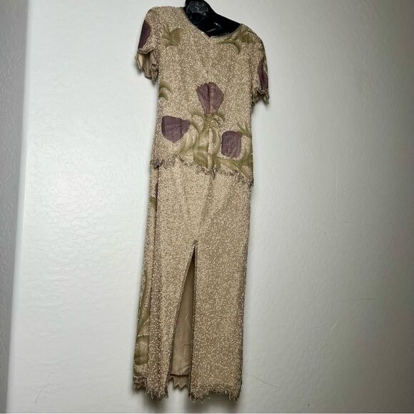 Lawrence Kazar Beaded Silk Dress Ivory Lavender Floral Scallop Short Sleeve 8 P - Picture 6 of 15